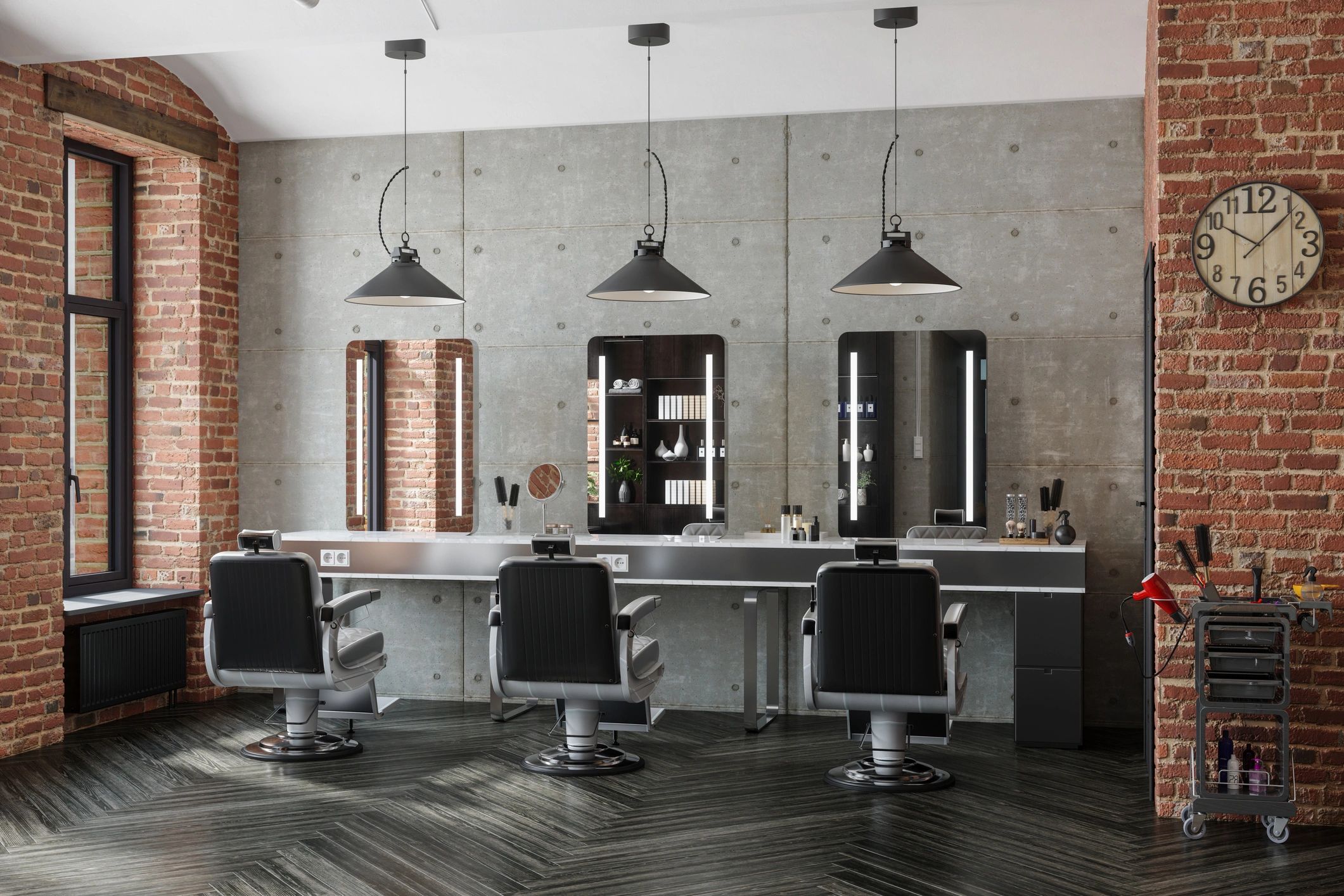 Barbershop interior with mirrors and chairs