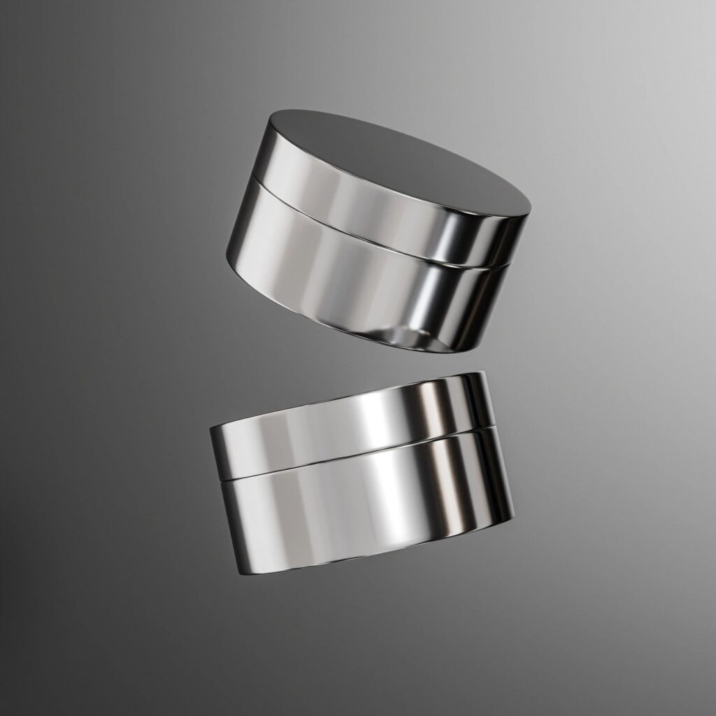luxury metallic cream jar packaging mockup, skincare jar with electroplated texture, round shape silver electroplating cosmetic packaging, Chrome Electroplated Glass eye cream pod container